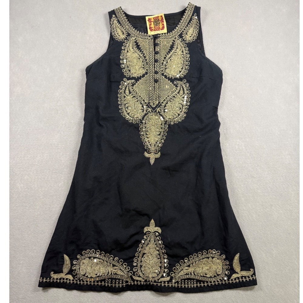 Free People Black Gold Embroidered Sequin Sleeveless Shift Dress Size 0 Boho